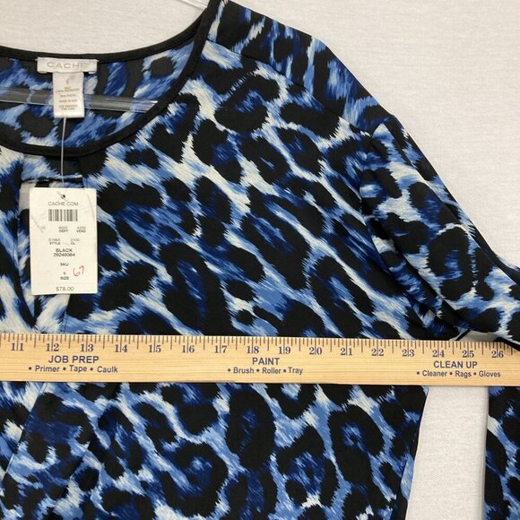 New Cache Small Black Blue Leopard Print Relaxed Flowy Long Sleeve Blouse - Picture 7 of 9